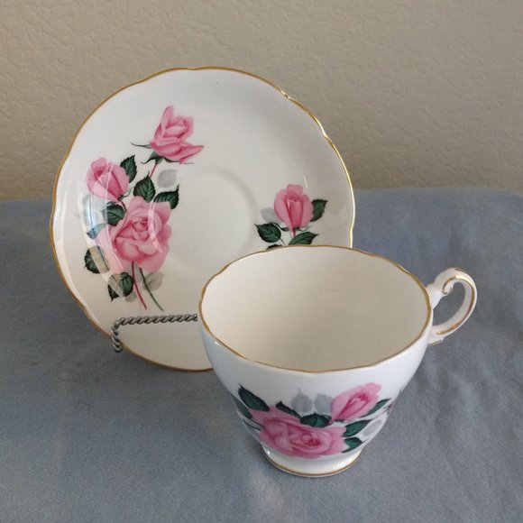 PINK ROSE GOLD TRIM GROSVENOR BONE CHINA ENGLAND TEACUP SAUCER SET SCALLOPED - Picture 6 of 14